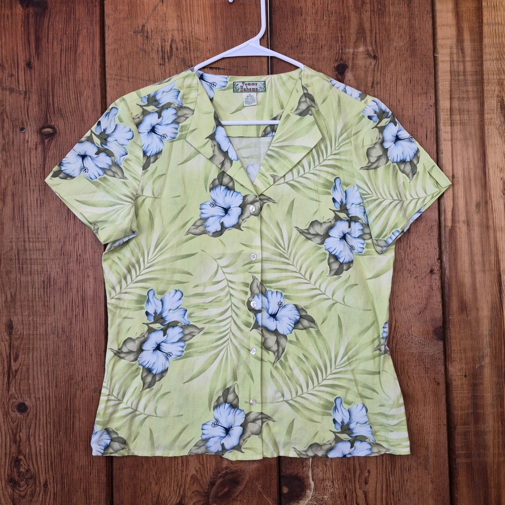 Tommy Bahama Silk Linen Tropical Hibiscus Camp Shirt Green Blue Women's Medium